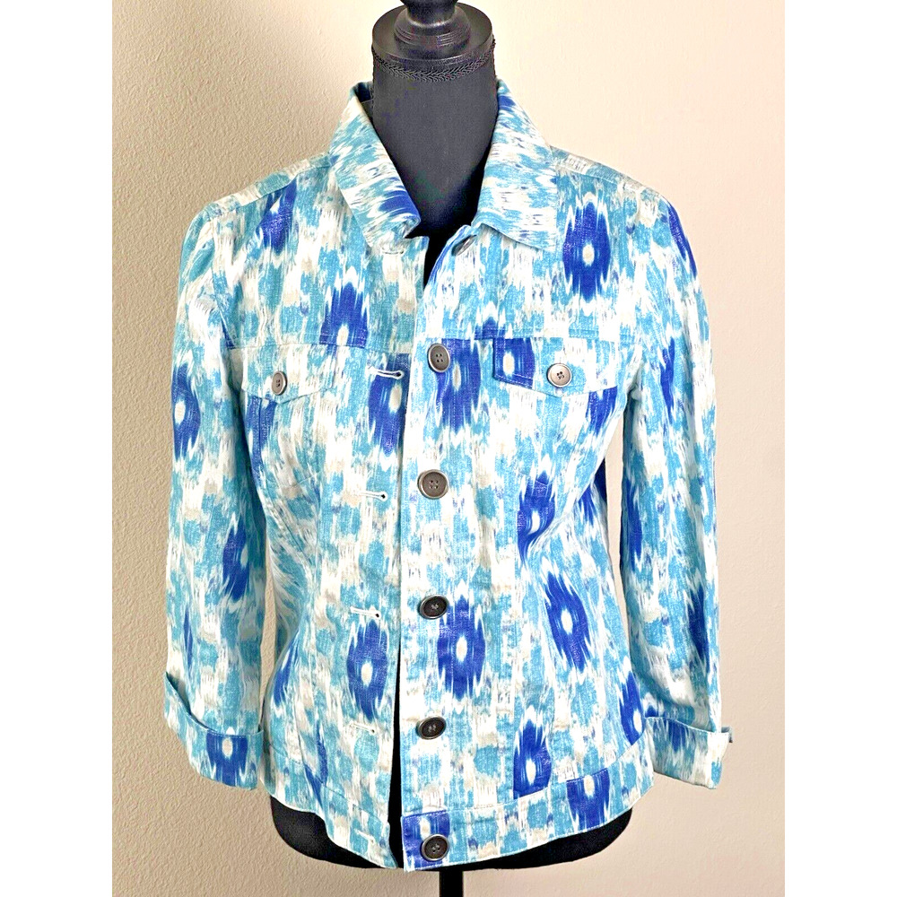 Chicos Linen Blend Jean Jacket Sz 0 Blue Tan Vibrant Spring Hannalee Buttons‎
